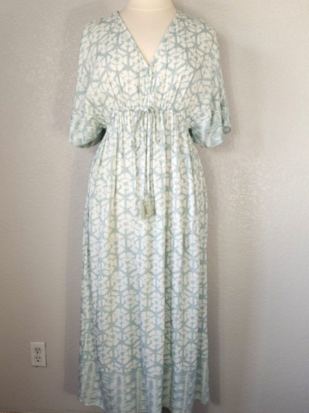 World Market L/XL Mira Kaftan Dress Lightweight Boho Elastic Waist Tassel